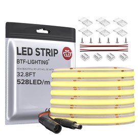 BTF-LIGHTING FCOB COB LED Strip Flexible High Density Uniform Light 14W/m 32.8FT DC24V Warm White 2700K 5280LED CRI 90+ 10mm Width Dimmable LED Ribbon for Home Indoor Decor(No Adapter or Controller)