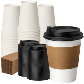 VPACKDUO 12 oz 100 Pack Disposable Paper Coffee Cups, To Go Coffee Cups with Lids, Sleeves, Leak-Proof Beverage Drinking Cup for Coffee, Tea, Hot Chocolate, Ideal for Cafes, Offices and Travel