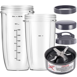 Equust 6-pieces Blender Replacement Parts, 32oz & 24oz Cups Extractor Blade with Stay-fresh Lid To-Go Lid and Lip Ring, Replacement Cups for Nutri Bullet Blenders 600w & Pro 900w