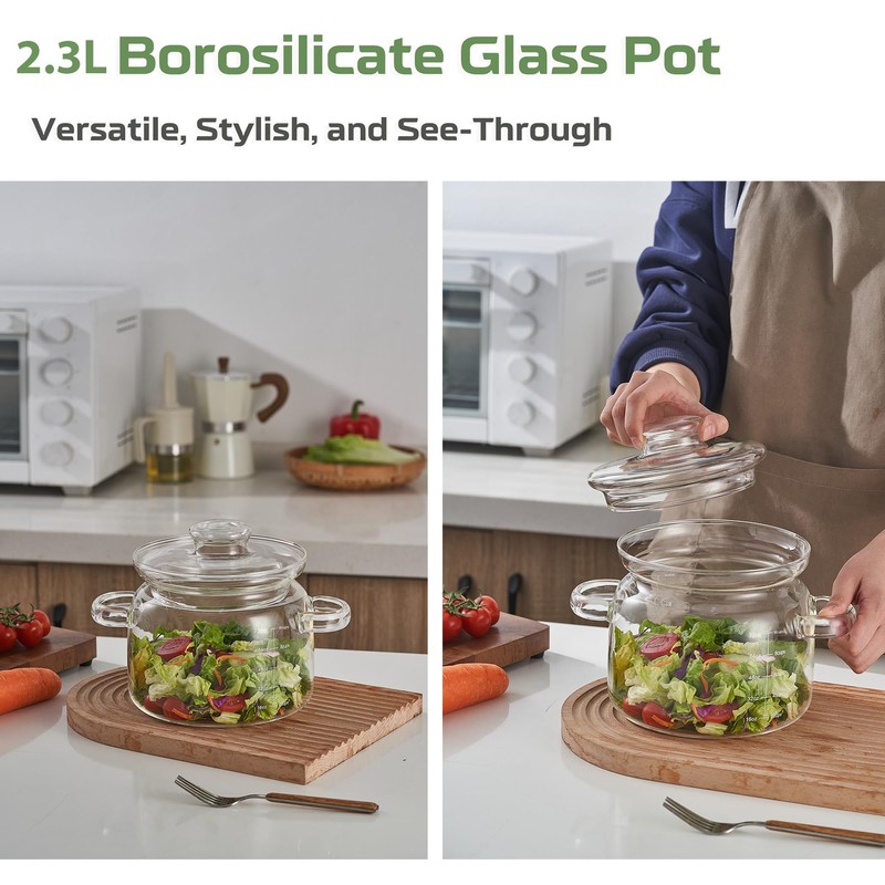 Jjojcll 2.3L(75oz) Glass Cooking Pot with Lid,Handmade Borosilicate Glass Stockpot