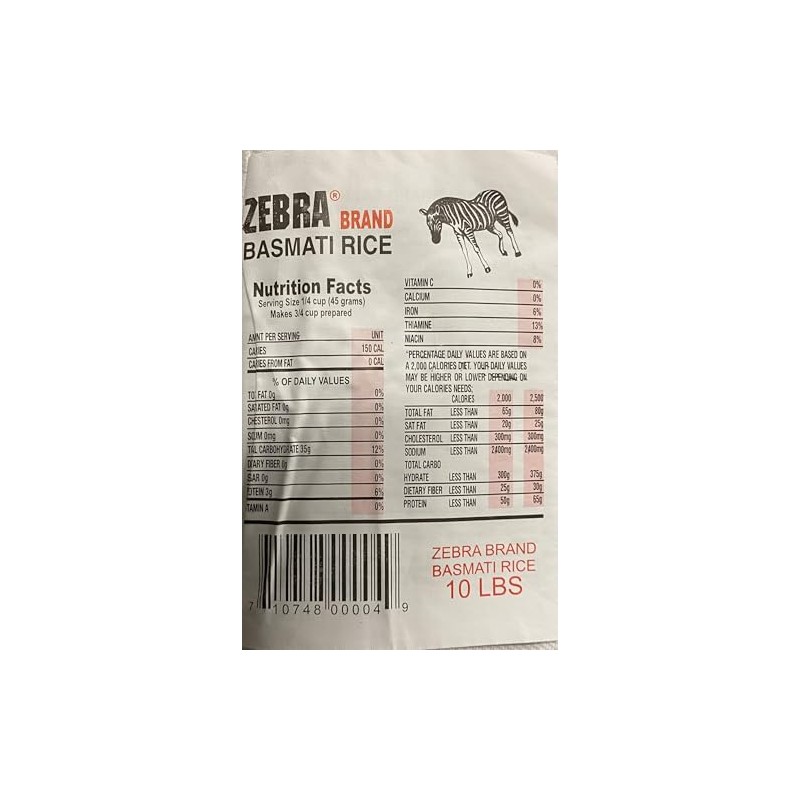 Naturally Aromatic Zebra Basmati Rice Extra Long Kernel 10 Lb