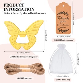 50 Pcs Butterfly Bottle Openers Baby Shower Wedding Party Favors for Guests, Bottle Opener Return Gift and Souvenirs with Organza Bags Thank You Tags, for Butterfly Theme Party Decoration Supplies