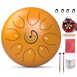 Rain Drum for Outside- Steel Tongue Drum 6 inch 8 Notes C-Key Handpan Drum Percussion Instrument Ethereal Drum w/Bag,Music Book and Mallets for Music Education,Yoga Meditation,Mind Healing(Glod)