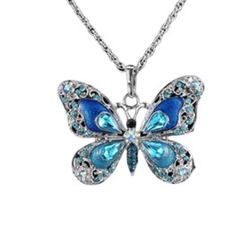 IS4U Vintage Multicolor Butterfly Necklace Bohemian Multicolor Enamel Butterfly Necklace Rhinestone Butterfly Pendant Necklace Chain Enamel Ethnic Costume Jewelry for Women (Blue)