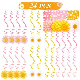 24PCS Daisy Hanging Swirl Decorations, Boho Daisy Party Hanging Swirls Ceiling Streamers, Daisy Flower Cutouts Party Supplies for Spring Flower Groovy Birthday Baby Shower Party Decorations Favor