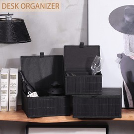 Honygebia Bamboo Decorative Storage Boxes - Set of 3 Woven Lined Storage Basket with Lids, Black Wicker Lidded Baskets for Home Kitchen Shelf Organizer Decor