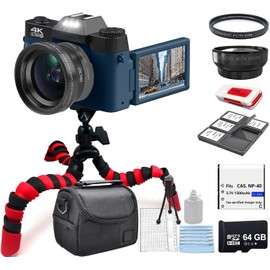 eDealz 4K 56MP Digital Camera Kit Photography Vlogging Camera for YouTube with Flip Screen, WiFi, Wide Angle & Macro Lens, 64GB Micro SD Card, 12" Flexible Tripod, Carrying Case, Card Reader (Navy)