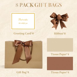 BBLIKE Gift Bags for Presents - 8 Pack Medium Gift Bags with Bow Ribbon, Party Bags with Handles 10 Tissue Papers and 8 Cards for Weddings, Birthday, Party, Celebration, Christmas