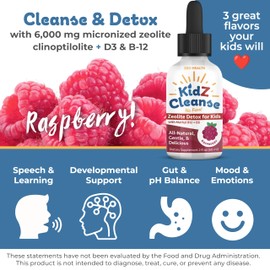 Kidz Cleanse | Zeolite Detox for Kids | Development, Behavior, Energy and Gut Health Support Supplement | Easy to Take, Pure Liquid Zeolite Drops + Methyl B12 + D3 (Raspberry Flavor) - 2oz