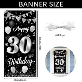 30th Birthday Banner Black Silver, BTZO 30th Birthday Decoration, Decoration 30th Birthday Party, Banner 30th Birthday, 30th Birthday Poster Background Banner for 30 Men and Women Party Birthday