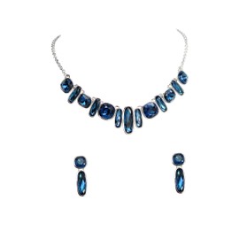 Faship Gorgeous Navy Blue Rectangle Square Rhinestone Crystal Floral Statement Necklace Earrings Set - Navy Blue
