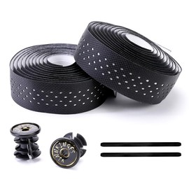 GirpMonster 自転車ハンドルバーテープ ロードバイクバーテープ ドロップハンドルテープ シリコーン素材 滑り止め 衝撃吸収 軽量柔軟 取り付け簡単 エンドテープとエンドキャップ付属 2本セット（ブラック）