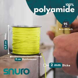SNURO Nylon Rope (2 mm, 100 m, Yellow) - Robust Bricklayer Cord Fluorescent for Any Application - Weatherproof Rope Ideal for Attaching - Breaking Force 95 kg