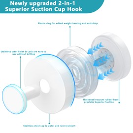 Suction Cup Hooks for Shower,Removable No Drill Towel Hooks,Upgraded 15 lbs Strong Suction Hooks for Bathroom Tile,Shower Wall,Glass Door,Kitchen-Loofah,Coat,Stainless Waterproof-White 2 Pcs