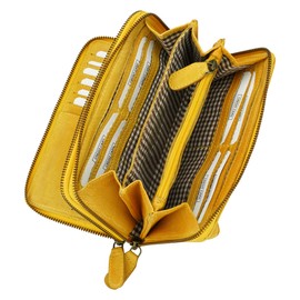 Manza Women's Washed Leather Buffalo Leather Purse Double Zip Used Look Vintage Purse, yellow, Vintage