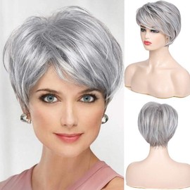 Beweig Short Grey Wigs for White Women Short Cut Layer Sliver Gray Wigs with Bangs Synthetic Hair Replacement Wigs