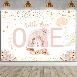 AIBIIN 7x5ft Boho Rainbow Happy 1st Birthday Backdrop Little Miss Onederful Birthday Decoration Backdrop Onederful 1st Birthday Backdrop for Girl Gold Dots Star Pastel Party Decorations Supplies Vinyl