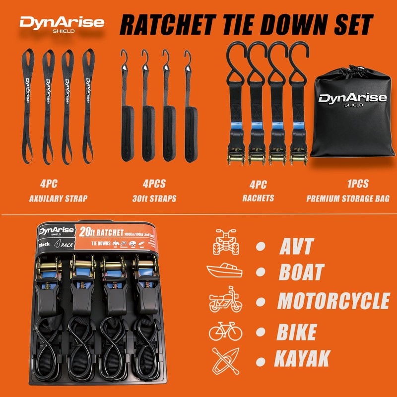 Dynarise Shield Ratchet Tie Down Straps 4-Pack 1 Inch ×