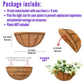 LaLaGreen Outdoor Large Wall Planters, 6 Pack, 14 Inch Rail Pot for Balcony Garden, Wall Mount Hanging Metal Flower Basket Coco Liner, Semi Circle Fence Plants Holder Railing Deck Porch Balcony Garden