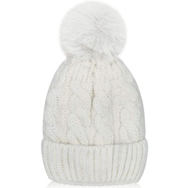 Kid Beanie Hats Lining Pom Pom for Children -Slouchy Cable Knit Toddler Skull Hat Baby Ski Cap for Girls Boys (White New)