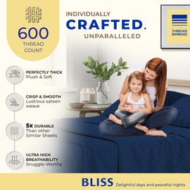 THREAD SPREAD Striped Egyptian Cotton Sheets Twin XL Size - 600 Thread Count 3 PC Damask Twin XL Sheets Deep Pockets, Sateen Weave College Dorm Bedding Twin XL, Fits Mattress Upto 18" - Navy Blue