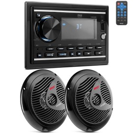 Pyle Boat Bluetooth Marine Stereo Receiver - Marine Head Unit Double DIN Stereo Receiver Power Amplifier & Speaker Kit - Hands-Free Calling, AM/FM/MP3/BT/USB/AUX - Remote, Speakers - Pyle PLMR2DNBK