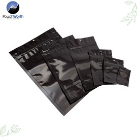 PouchWorth 100 Pack 6" × 9.5" Glossy Black 4 Mil Resealable Stand Up Pouch Bags Mylar Food Packaging with Tear Notches