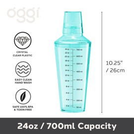 OGGI Clear Cocktail Shaker - 24 oz / 700 ml, Clear Durable Plastic Construction, Built in Strainer - Ideal Home Bar Drink Mixer, Bartender Kit, Essential Bar Accessories, Aqua