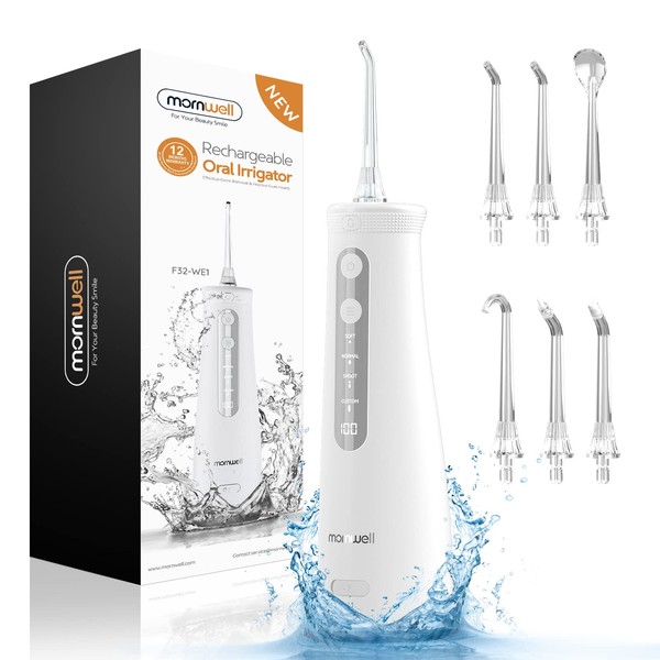 Mornwell Kabello Oral Irrigator 270 ml Water Flosser Removable Water Tank Wireless Water Dental Flosser with LED Display, 4 Pressure Levels and 6 Nozzle Tips, Oral Irrigator, White