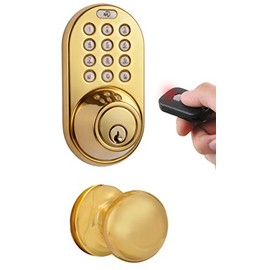 MiLocks XFK-02P Digital Deadbolt Door Lock and Passage Knob Combo with Keyless Entry via Remote Control and Keypad Code for Exterior Doors, Polished Brass