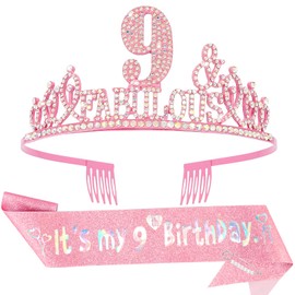 Hapdoo 9th Birthday Decorations for Girls Set - Happy 9th Birthday Princess Crown and Glitter Sash, 9 Year Old Girl Tiara Party Decorations Supplies Outfit Accessory Gifts
