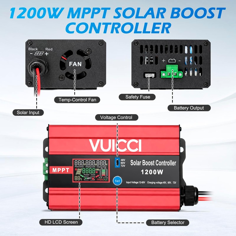 VUICCI 30A Boost MPPT Solar Charge Controller 1200W,48V/60V/72V Step-Up,Max 15A