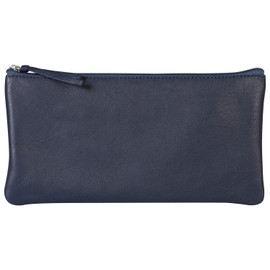 Clairefontaine - Ref 410167C - Coloured Leather Flat Pencil Case - 22 x 11cm, Made From Genuine Lambskin Leather, Metal Zip With Leather Puller - Dark Blue