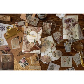 Vintage Washi Stickers Scrapbook Material Paper Set Retro Flower Floral Letter Map Tags Newspaper Fragment DIY Sticker for Scrapbooking Journaling Planner Envelope Journal Diary Book Art Craft Project