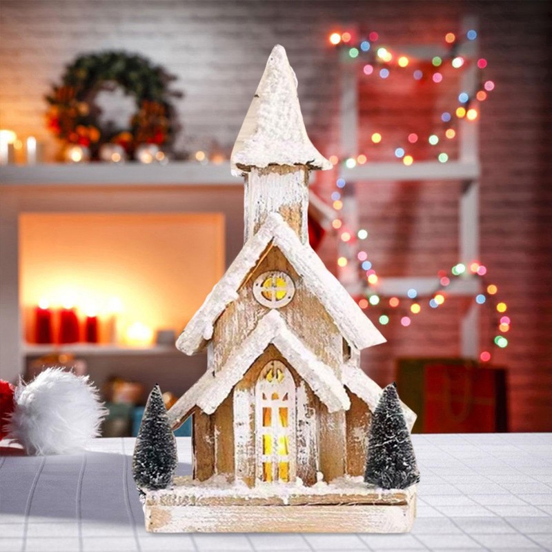 kokiya Christmas Wooden Lighted Snow Church Miniature Tabletop Decoration Xmas