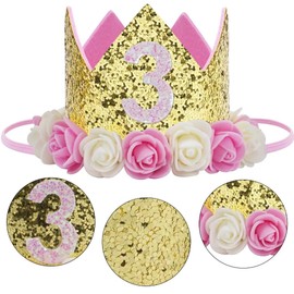 Baby Birthday Crown, Princess Crowns Tiara Girls Party Hat With Gold Glitter and Pink Roses for Birthday Party Decorations (3st Golden Crown)