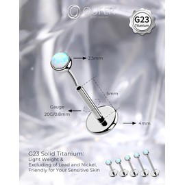 OUFER 2Pcs Helix Earrings, G23 Solid Titanium 20G Flat Back Earrings Silver, Small 2.5MM Opal Threadless Helix Cartilage Earrings for Women Men-5MM