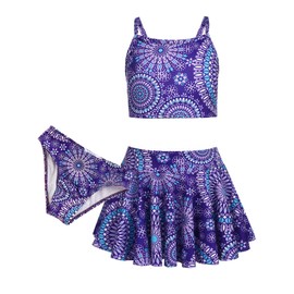 Arshiner Girls Bikini Set 3-Piece Summer Swimsuits Kids Tankini with Skirt Floral Print Swimwear Bikinis for Girls 5-6 Years Violet