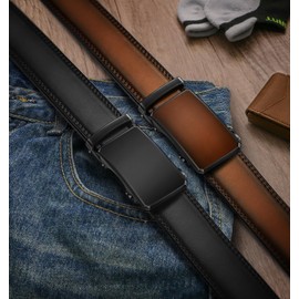 KEMISANT Men Belt 2 Pack, Leather Ratchet Belt Easy Click Slide For Men 1 3/8",Cut for Fit(Black/Light Brown,44"-52" Waist Adjustable)
