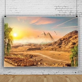 10x8ft Pyramid Backdrop Desert Sunset Photography Background Ancient Egyptian Pyramid Backdrop Sand Dunes Desert Scene Coconut Tree Scenery Background Egypt Party Supplies Studio Photo Shoot Props