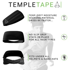 Temple Tape Headbands for Men and Women - Mens Sweatband & Sports Headband Moisture Wicking Workout Sweatbands for Running, Cross Training, Yoga and Bike Helmet Friendly