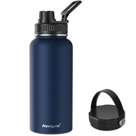 Navigate 32 oz Insulated Stainless Steel Sports Water Bottle with Spout & Handle Lids,Wide Mouth Water Jug with Double Walled Leak Proof Keep Cold for 24 Hrs Hot for 12 Hrs,Dark Blue