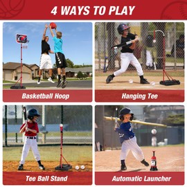 HYES 4 in 1 Kids Basketball Hoop and Tball Set for Toddlers 3-5, Adjustable Hanging Tee Ball Stand with Automatic Baseball Pitching Machine, Indoor Outdoor Sport Toys Birthday Gifts for Boys Girls