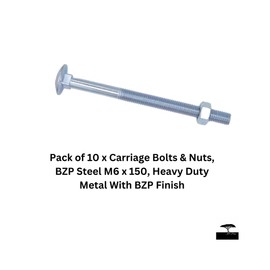 M6 x 150mm (6 Inch) Coach Carriage Bolt and Nut BZP - Pack of 10