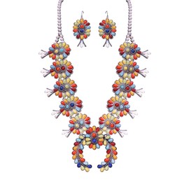 Turquoise Vintage Squash Blossom Metal Statement Necklace/w Earrings No.2005M