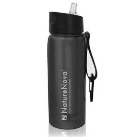 Naturenova Water Filter Bottle with 4-Stage Integrated Filter Straw BPA Free for Camping, Hiking, Backpacking, Emergency and Travel, Black 650ml