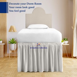 Dorm Bed Skirt Twin XL Size 36 inch Drop Silver Solid Bed Skirt Stylish Ruffled Pattern Split Corner Easy Fit Easy Care Fade & Wrinkle Resistant-Polycotton Made