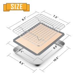 Toaster Oven Baking Sheet Set, E-far 10.5”x8.3” Small Stainless Steel Cookie Sheet Pan with Wire Rack & Silicone Mat for Cooking Broiling, Rimmed Metal Tray Roasting Cooling Bacon Steak