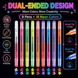 18 Colors UV Neon Face Paint Markers, Dual-Ended Body Paint Pens, Fluorescent Face & Body Art Markers, Washable for Blacklight Parties, Halloween, Cosplay & Festivals