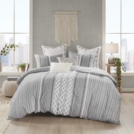 INK+IVY 100% Cotton Duvet Mid Century Modern Design, All Season Comforter Cover Bedding Set, Matching Shams, Full/Queen(88"x92"), Imani, Gray Chenille Tufted Accent 3 Piece